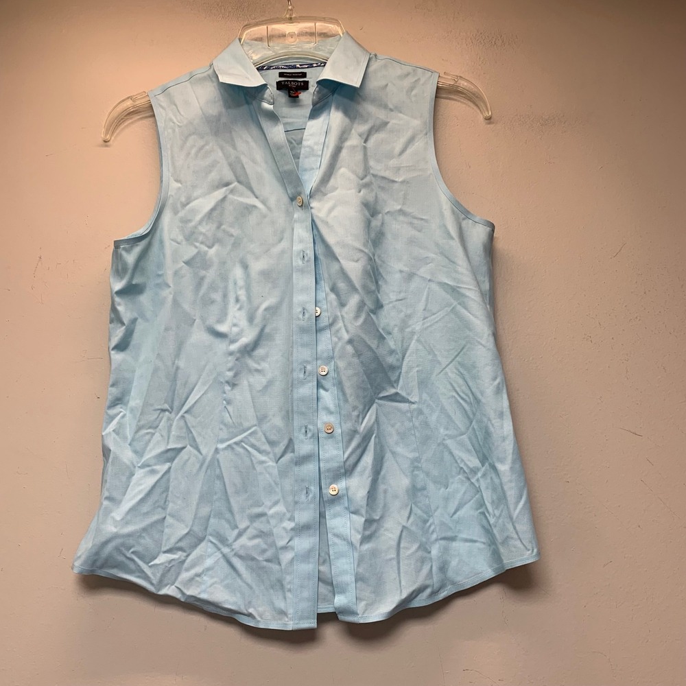 Talbots Sleeveless Button Down Women 10P Blue Excellent Wrinkle Resistant Shirt
